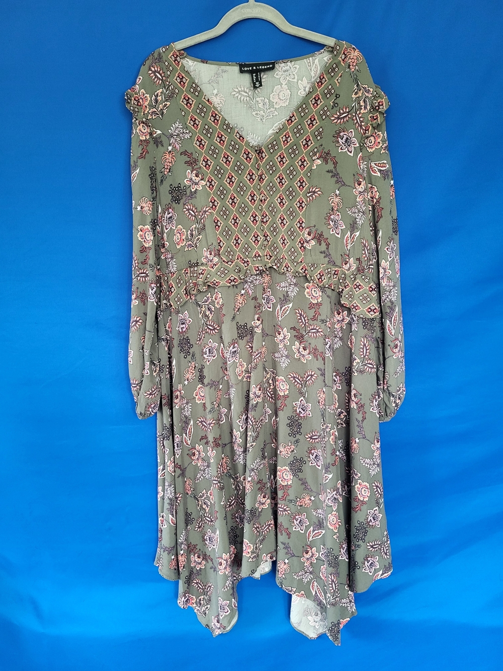 Love & Legend Olive Floral Long-Sleeve V-Neck Dress